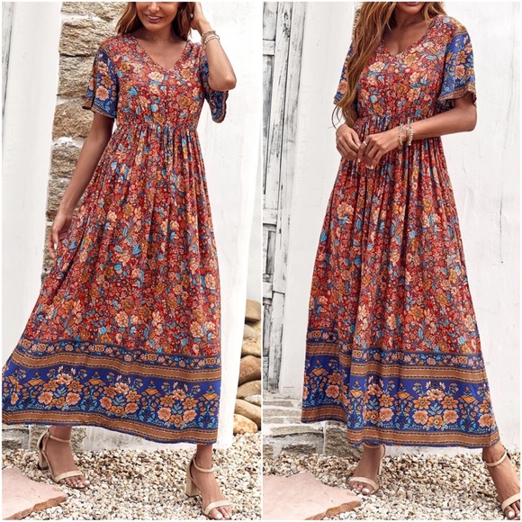 Boho Floral Print Butterfly Sleeve Maxi Dress - Picture 3 of 3
